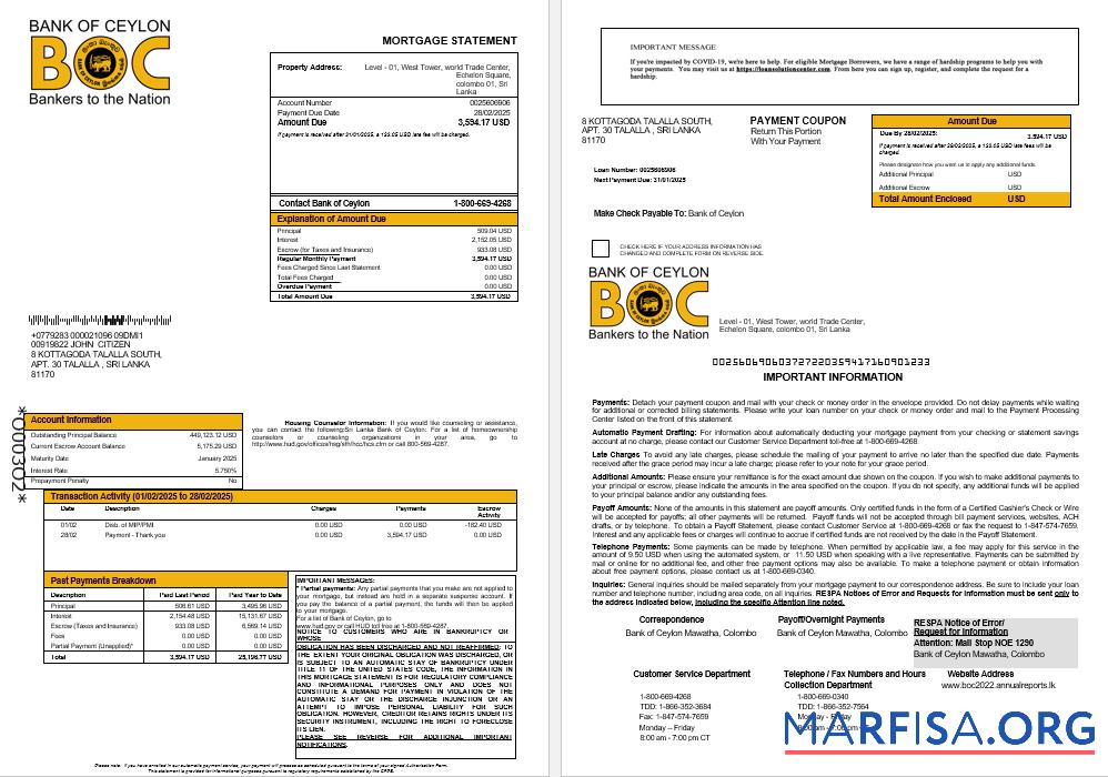 Sri Lanka Bank of Ceylon Hypothek Kontoauszug in Word and PDF Formate 1 2 Design