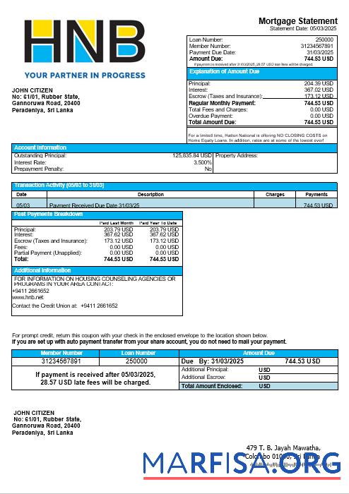 Sri Lanka Hatton National Bank Hypothek Kontoauszug in Word and PDF Formate Probe