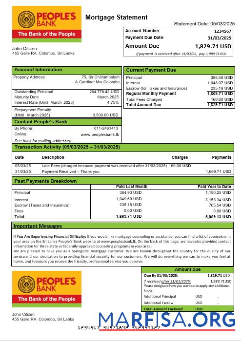 Sri Lanka PeopleΓÇÖs Bank Hypothek Kontoauszug in Word and PDF Formate Probe