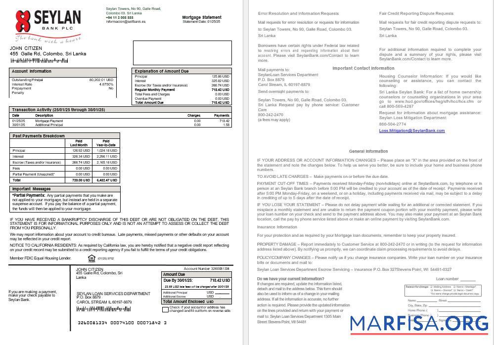 Sri Lanka Seylan Bank Hypothek Kontoauszug, 2 pages Probe