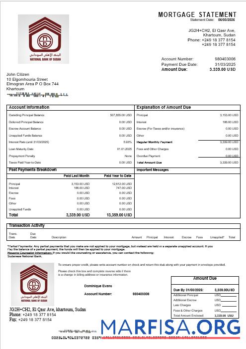 Sudanese National Bank Hypothek Kontoauszug in Word and PDF Formate Vorlage