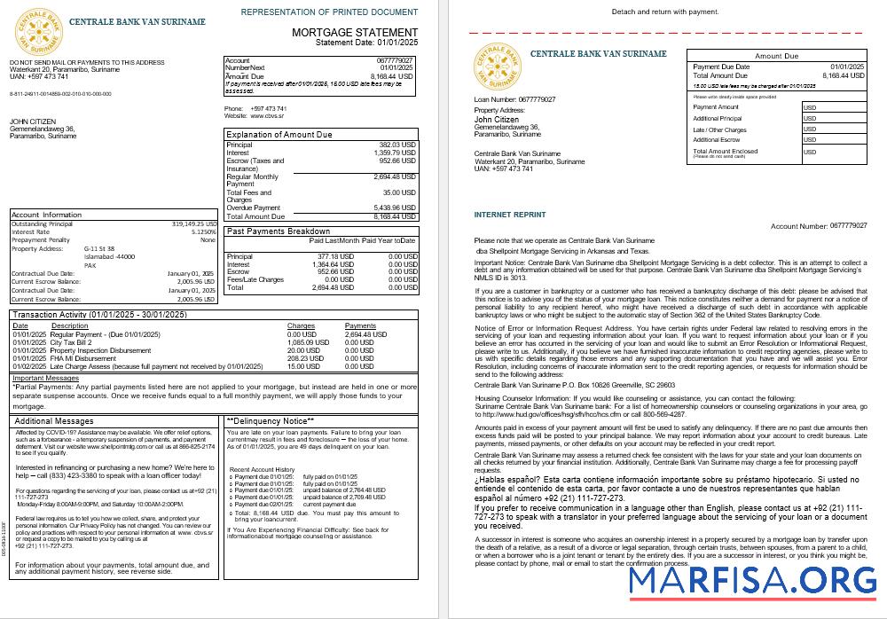Suriname Centrale Bank Van Suriname Bank Hypothek Kontoauszug in Word and PDF Formate, 3 pages 1 2 Vorlage