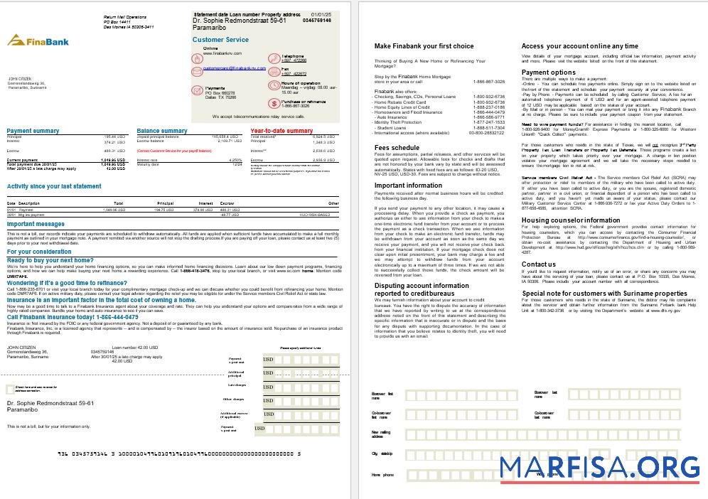 Suriname Finabank Bank Hypothek Kontoauszug in Word and PDF Formate, 2 pages Probe