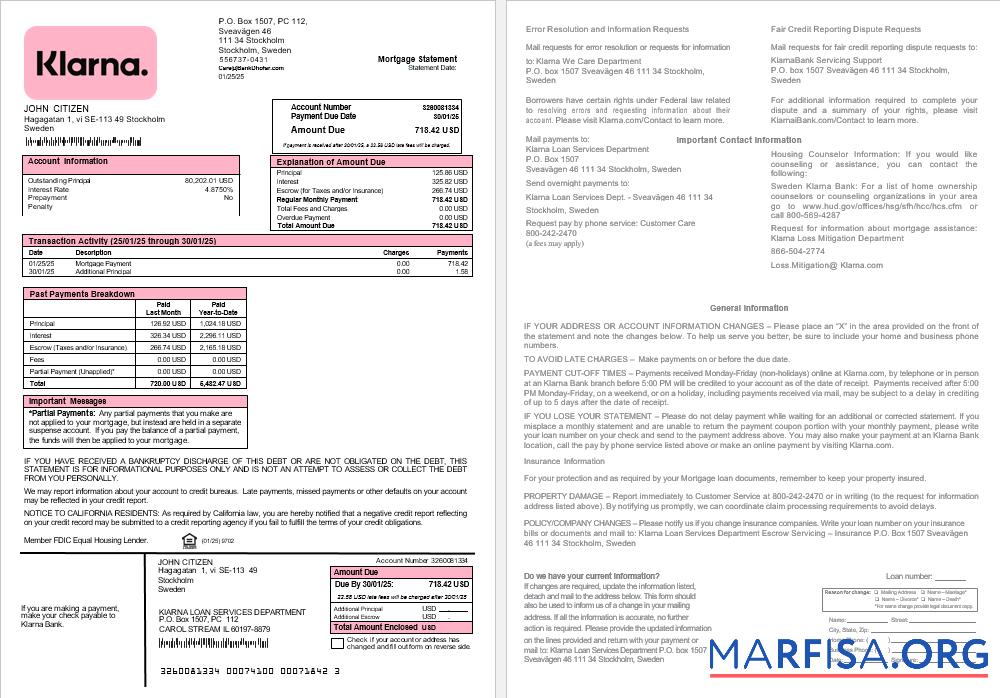 Schweden Klarna Bank Hypothek Kontoauszug in Word and PDF Formate Probe