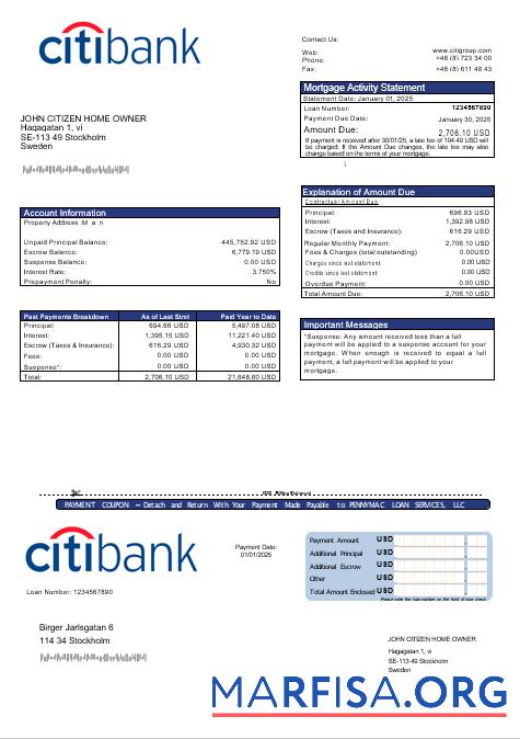 Swedish Citibank Hypothek Kontoauszug in Word and PDF Formate Design