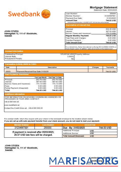 Swedish Swedbank Bank Hypothek Kontoauszug in Word and PDF Formate Vorschau