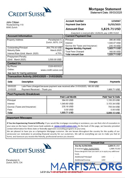 Swiss Kredit Suisse Bank Hypothek Kontoauszug in Word and PDF Formate Probe