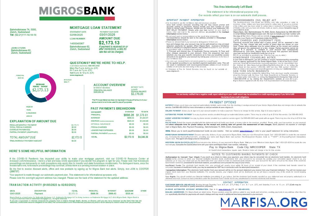Swiss Migrosbank Bank Hypothek Darlehen Kontoauszug in Word and PDF Formate 1 2 Probe