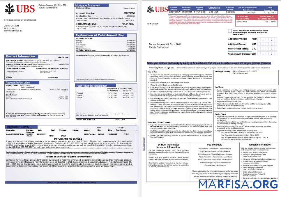 Swiss UBS Bank Hypothek Kontoauszug in Word and PDF Formate, 3 pages 1 2 Vorschau