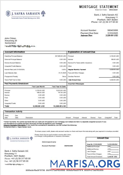 Schweiz Bank J. Safra Sarasin Bank Hypothek Kontoauszug in Word and PDF Formate Probe