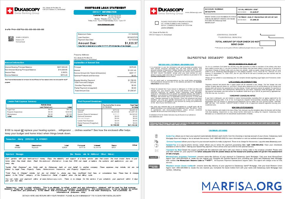 Schweiz Dukascopy Bank Hypothek Darlehen Kontoauszug in Word and PDF Formate , 8 pages 1 2 Mockup