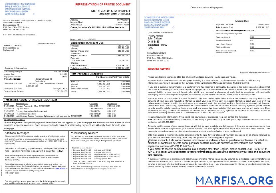 Schweiz Swiss National Bank SNB Hypothek Kontoauszug in Word and PDF Formate, 3 pages 1 2 Vorlage