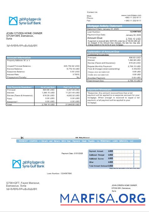Syrian Gulf Bank Hypothek Kontoauszug in Word and PDF Formate Vorlage
