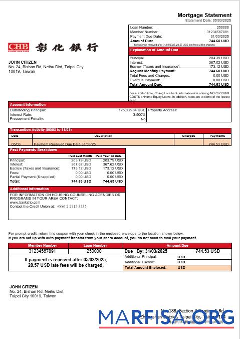 Taiwan Chang Hwa Bank Hypothek Kontoauszug in Word and PDF Formate Mockup