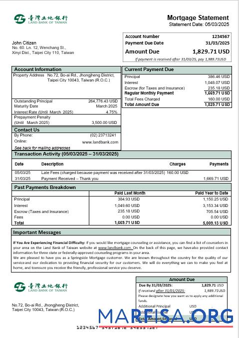 Taiwan Land Bank of Taiwan Bank Hypothek Kontoauszug in Word and PDF Formate Vorschau