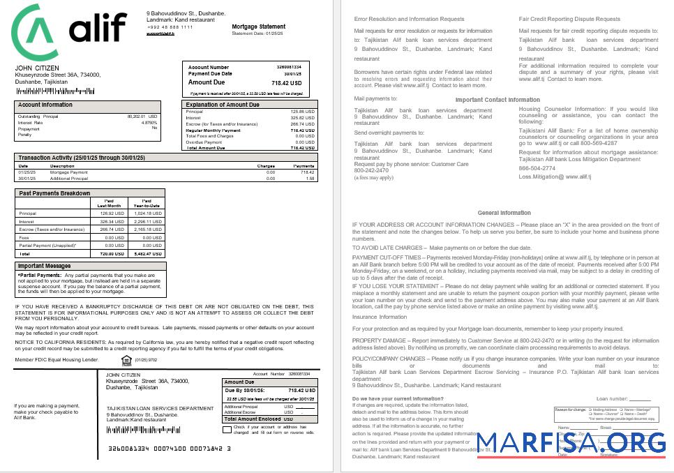 Tadschikistan Alif Bank Hypothek Kontoauszug in Word and PDF Formate Design