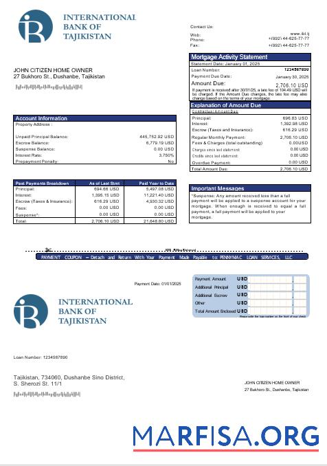 Tadschikistan ITB Bank Hypothek Kontoauszug in Word and PDF Formate Vorschau