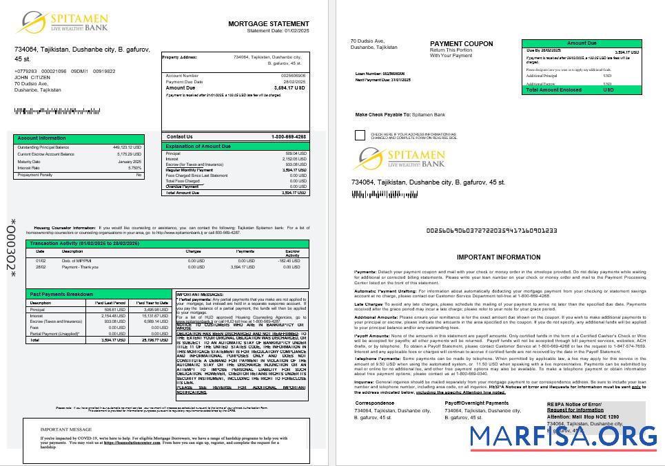 Tadschikistan Spitamen Bank Hypothek Kontoauszug in Word and PDF Formate 1 2 Design