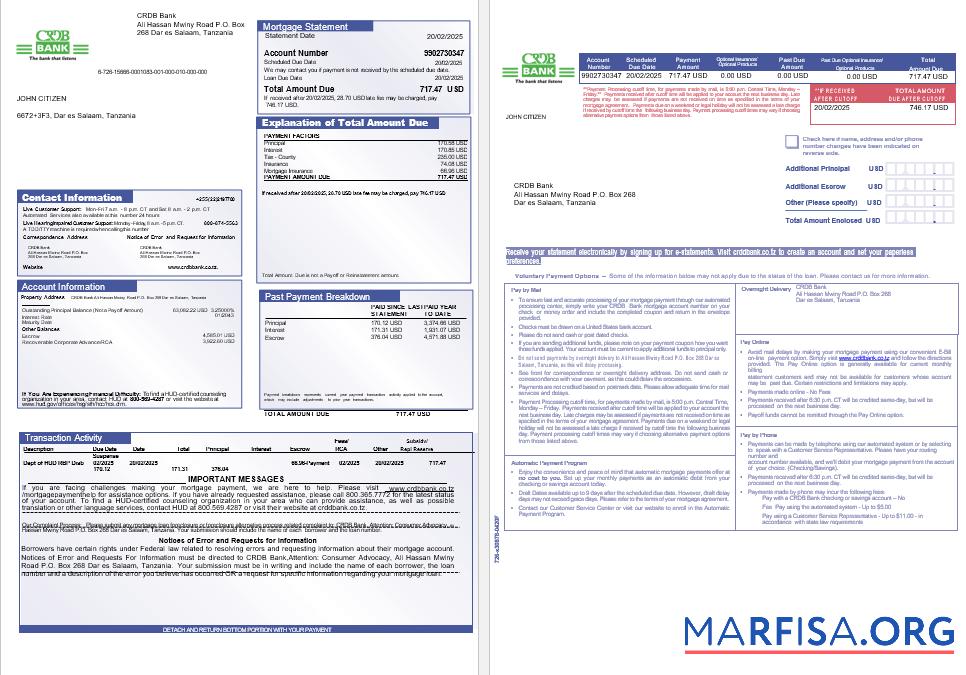 Tansania CRDB Bank Hypothek Kontoauszug in Word and PDF Formate, 3 pages 1 2 Vorschau