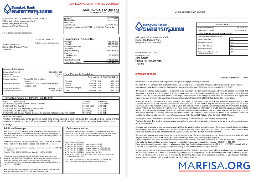 Thailand Bangkok Bank Hypothek Kontoauszug in Word and PDF Formate, 3 pages 1 2 Vorschau