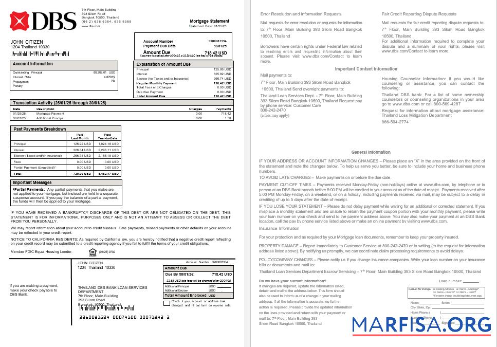 Thailand DBS Bank Hypothek Kontoauszug in Word and PDF Formate Probe