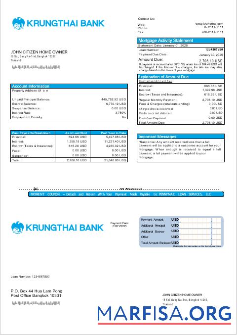 Thailand Krungthai Bank Hypothek Kontoauszug in Word and PDF Formate Mockup