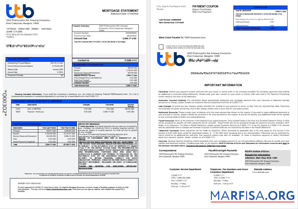 Thailand TMBThanachart Bank Hypothek Kontoauszug in Word and PDF Formate 1 2 Vorschau