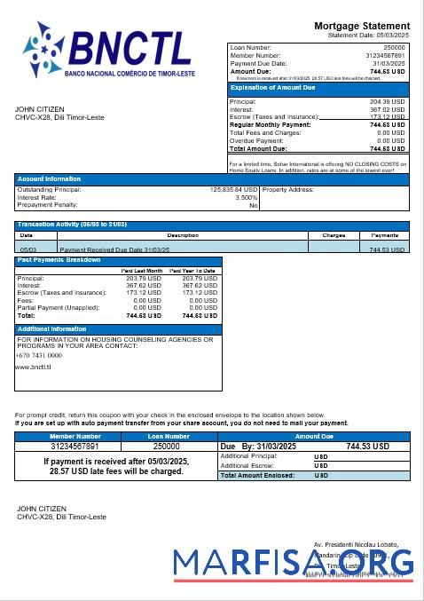 Timor Leste BNCTL Bank International Hypothek Kontoauszug in Word and PDF Formate Probe