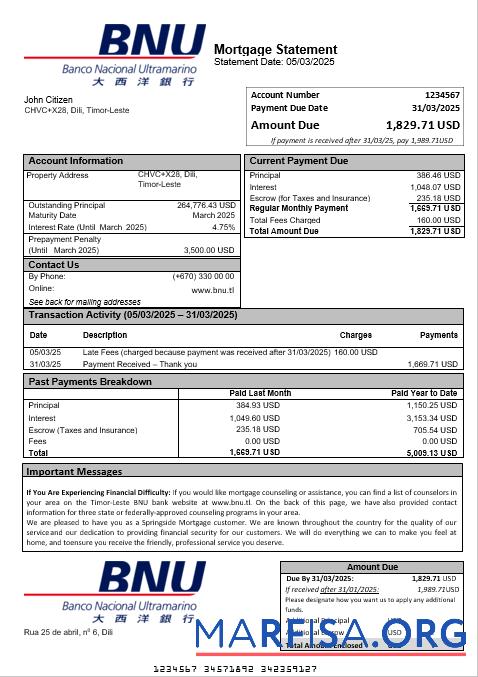 Timor Leste BNU Bank Hypothek Kontoauszug in Word and PDF Formate Vorschau