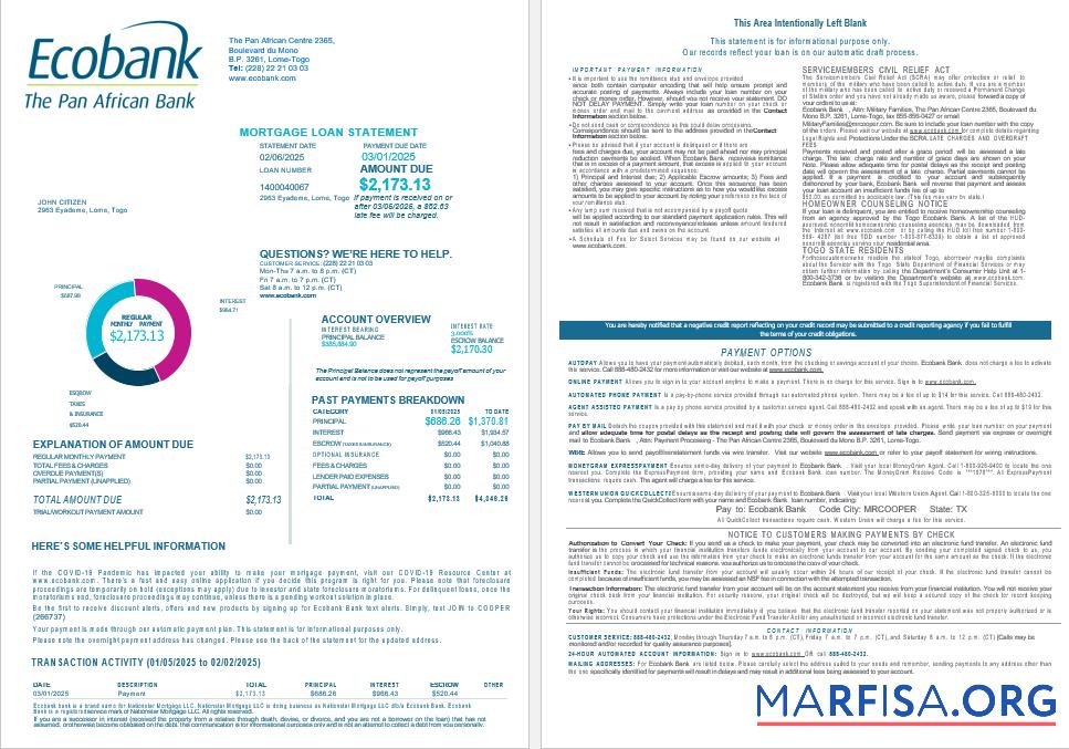Togo Ecobank Bank Hypothek Darlehen Kontoauszug in Word and PDF Formate , 4 pages 1 2 Design