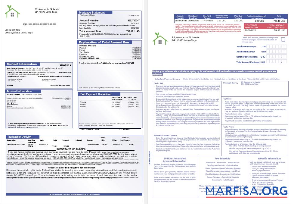 Togo Financial Bank Hypothek Kontoauszug in Word and PDF Formate, 3 pages Mockup