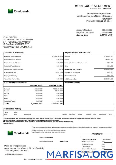 Togo Orabank Hypothek Kontoauszug in Word and PDF Formate Probe