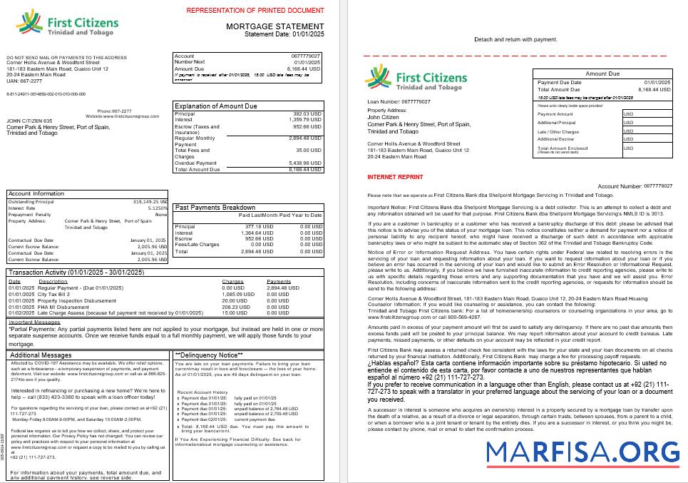 Trinidad und Tobago First Citizens Bank Hypothek Kontoauszug in Word and PDF Formate, 3 pages 1 2 Mockup