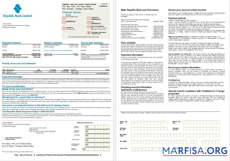 Trinidad und Tobago Republic Bank Hypothek Kontoauszug in Word and PDF Formate, 2 pages Mockup
