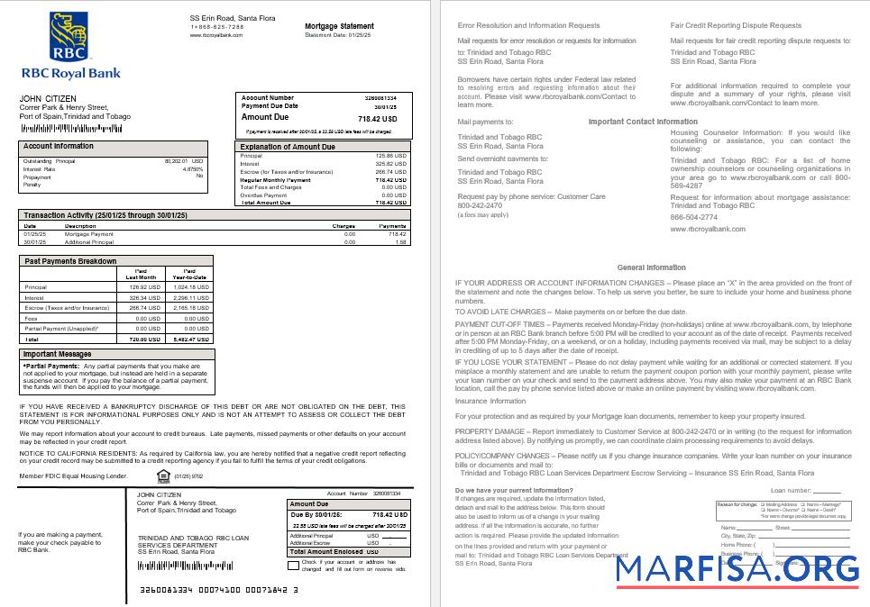 Trinidad und Tobago Royal Citizens Bankmortgage Kontoauszug in Word and PDF Formate Vorlage