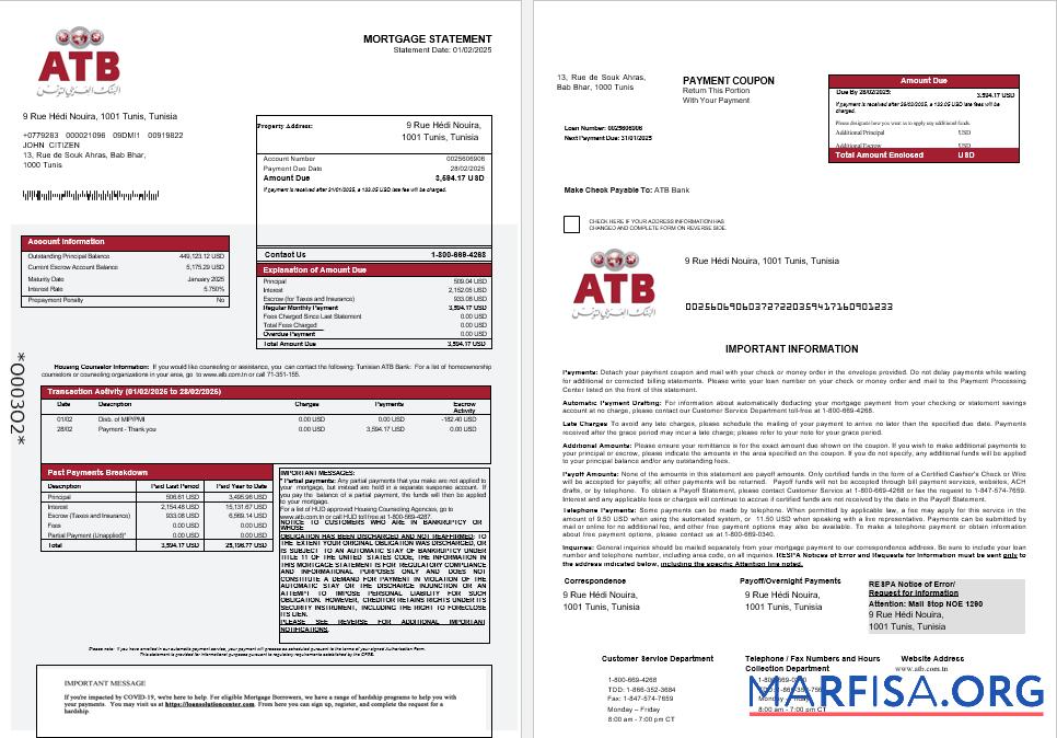 Tunisian ATB Bank Hypothek Kontoauszug in Word and PDF Formate 1 2 Design