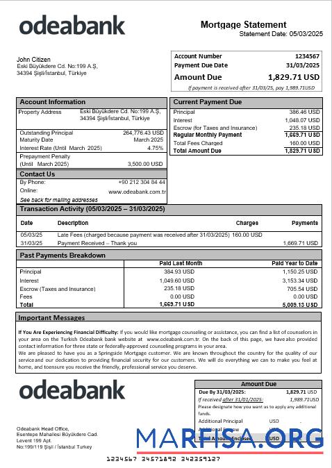 Turkish Odeabank Bank Hypothek Kontoauszug in Word and PDF Formate Vorlage