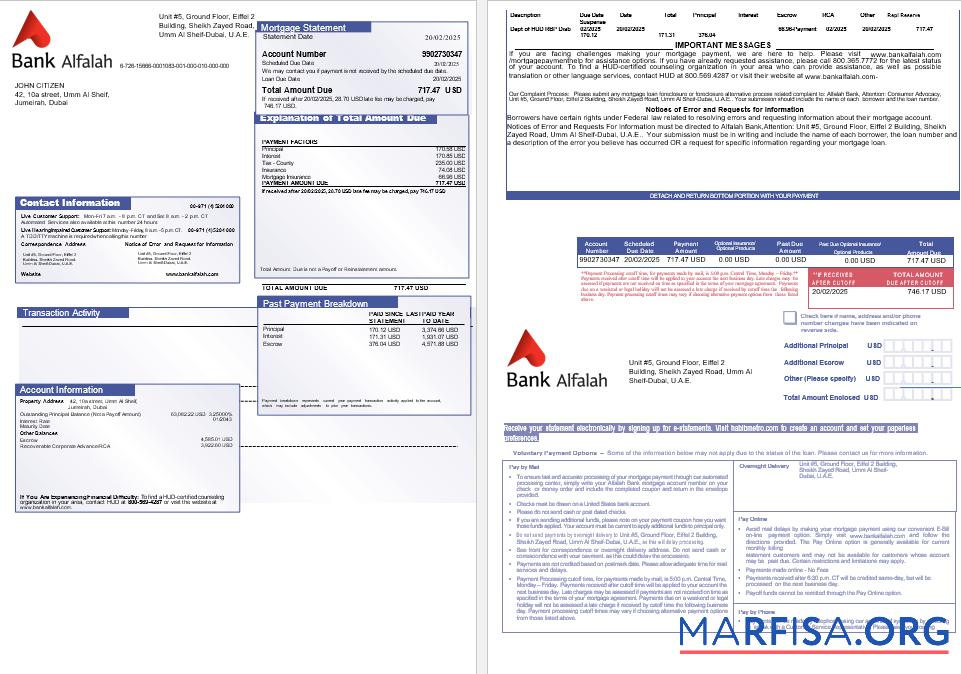 VAE Abu Dhabi Bank Alfalah Hypothek Kontoauszug in Word and PDF Formate, 3 pages 1 2 Mockup