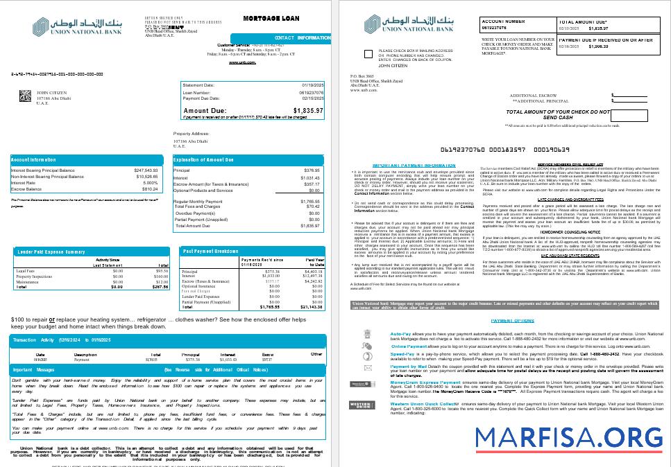 VAE Abu Dhabi Union National Bank Hypothek Darlehen Kontoauszug in Word and PDF Formate , 8 pages 1 2 Probe