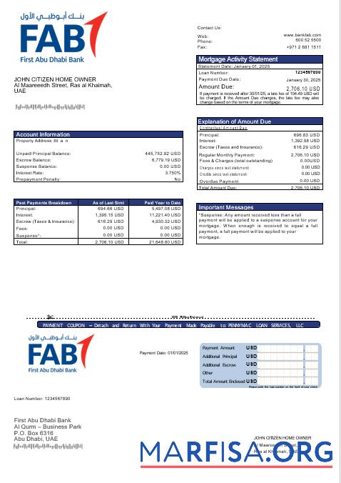 VAE First Abu Dhabi Bank Hypothek Kontoauszug in Word and PDF Formate Design