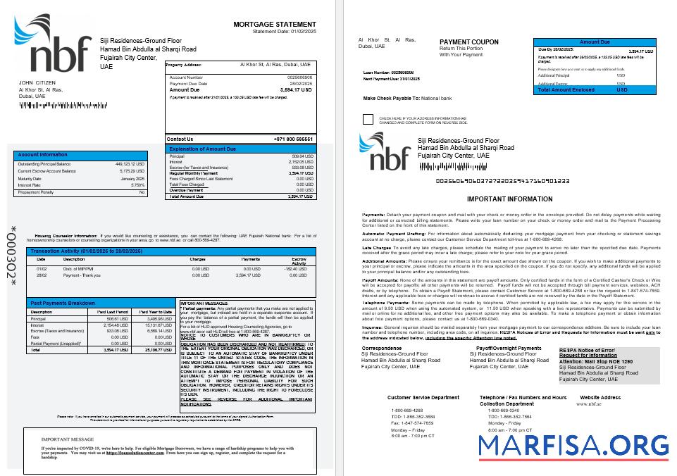 VAE Fujeirah National Bank Hypothek Kontoauszug in Word and PDF Formate 1 2 Design