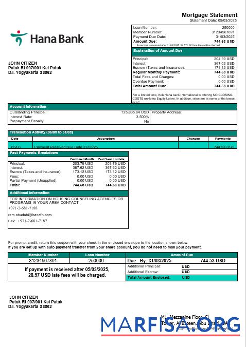 VAE Keb Hana Bank Hypothek Kontoauszug in Word and PDF Formate Probe