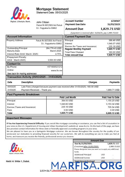 VAE Liv. Digital Bank Hypothek Kontoauszug in Word and PDF Formate Probe
