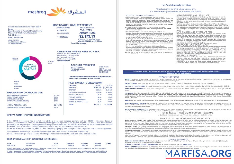 VAE Mashreq Hypothek Darlehen Kontoauszug in Word and PDF Formate , 4 pages 1 2 Vorlage