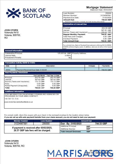 Vereinigtes Königreich Bank of Schottland Hypothek Kontoauszug in Word and PDF Formate Probe