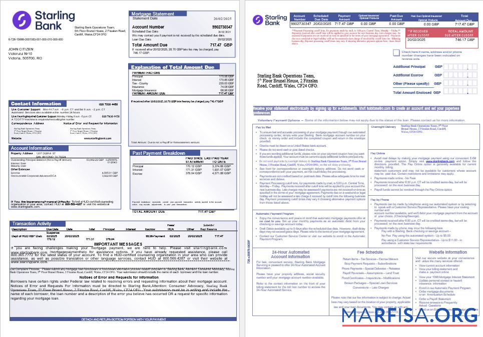 Vereinigtes Königreich Starling Bank Hypothek Kontoauszug in Word and PDF Formate, 3 pages Mockup