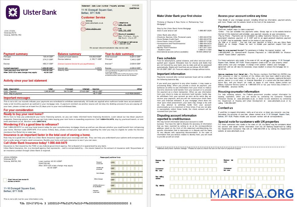 Vereinigtes Königreich Ulster Bank Hypothek Kontoauszug in Word and PDF Formate, 2 pages Vorschau