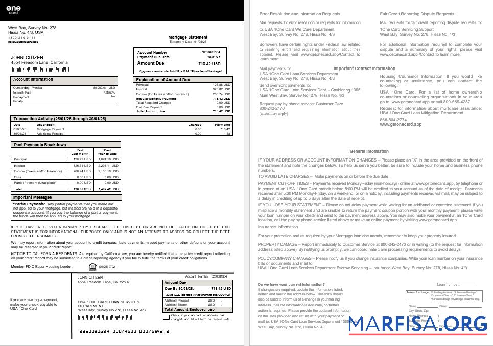 USA 1One Karte Hypothek Kontoauszug in Word and PDF Formate Mockup