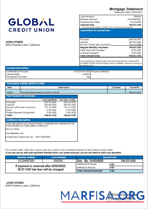 USA Alaska Global Kredit Union Bank Hypothek Kontoauszug in Word and PDF Formate Mockup