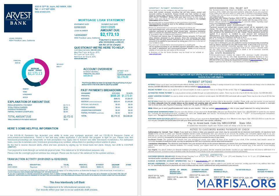 USA Arvest Bank Hypothek Darlehen Kontoauszug in Word and PDF Formate , 4 pages 1 2 Design